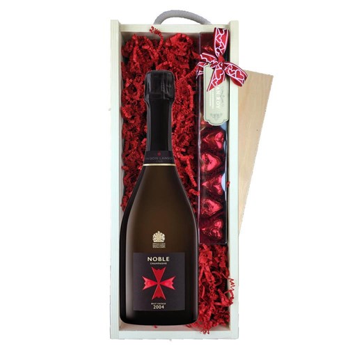 Noble Champagne Brut Vintage 2004 75cl & Chocolate Praline Hearts, Wooden Box